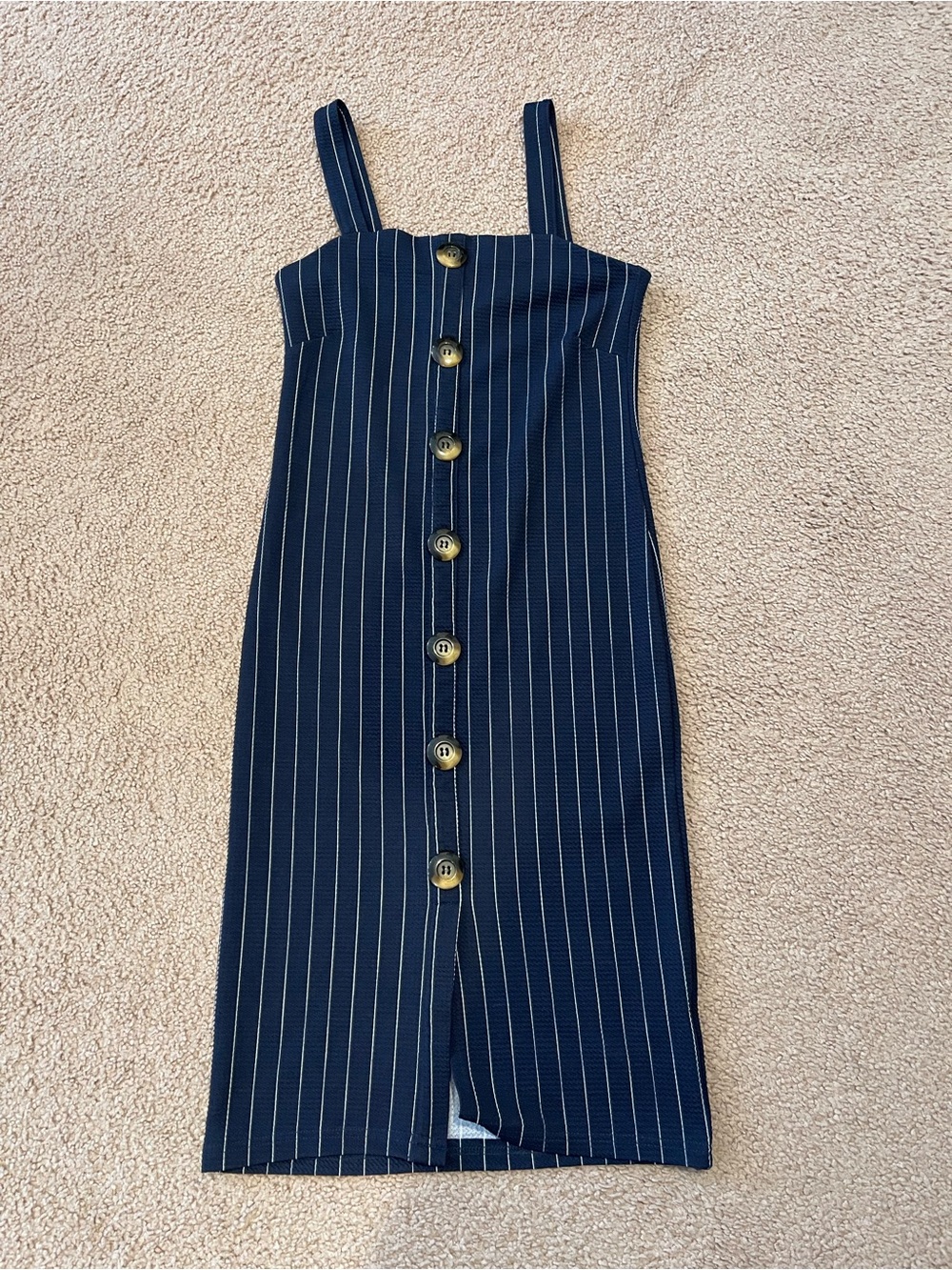 RILEY & JAMES Boho Y2K Striped Navy Button-Front Spaghetti Strap Dress - Picture 2 of 7